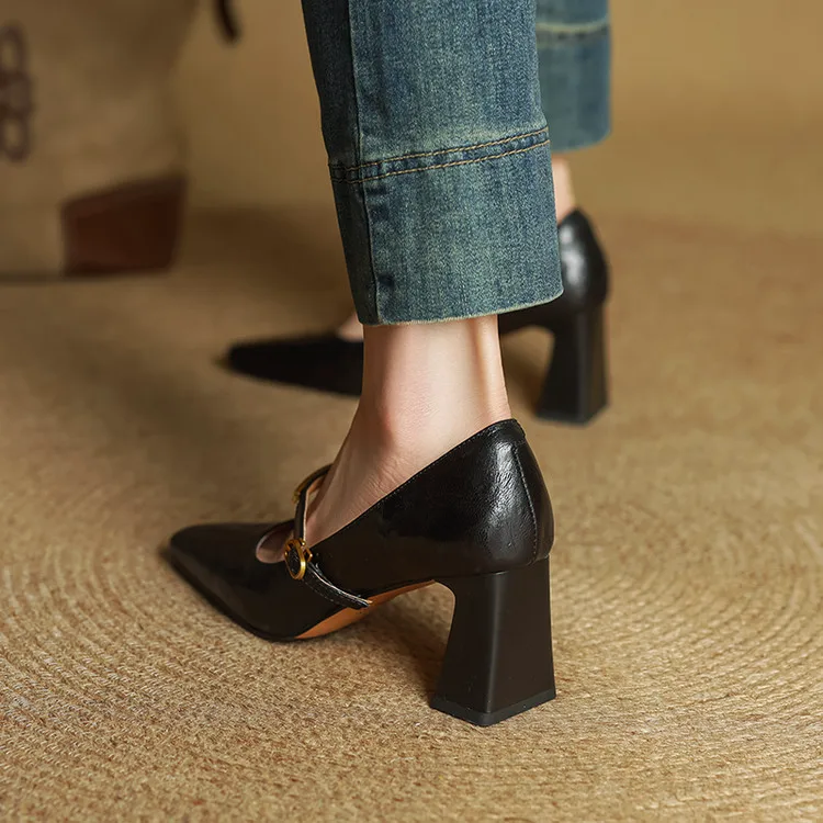 Women's Genuine Leather Pointed Shoes with Block Heel and Strap