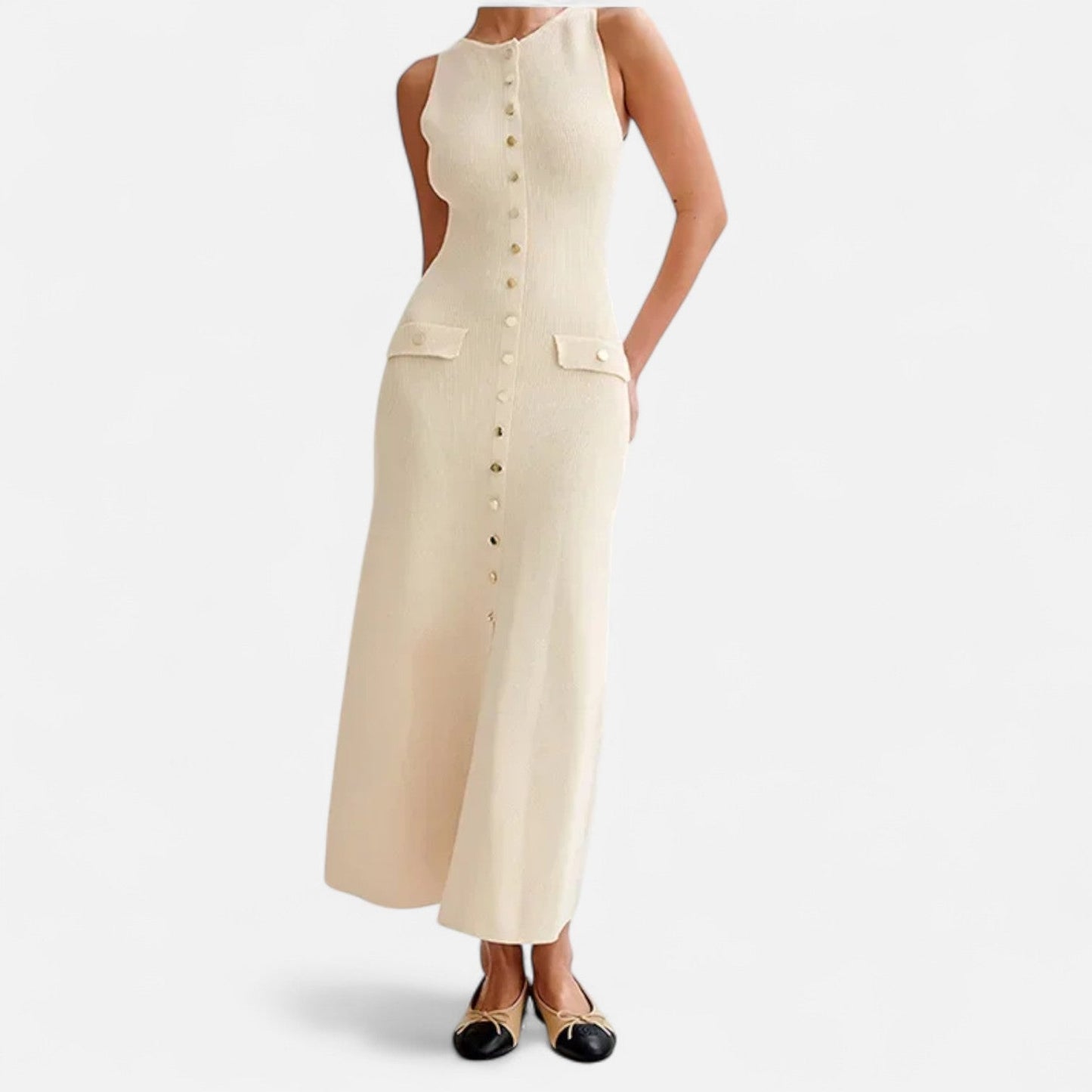 Ancient World | Long Knit Dress with Buttons for Women – Sleeveless Summer Elegance