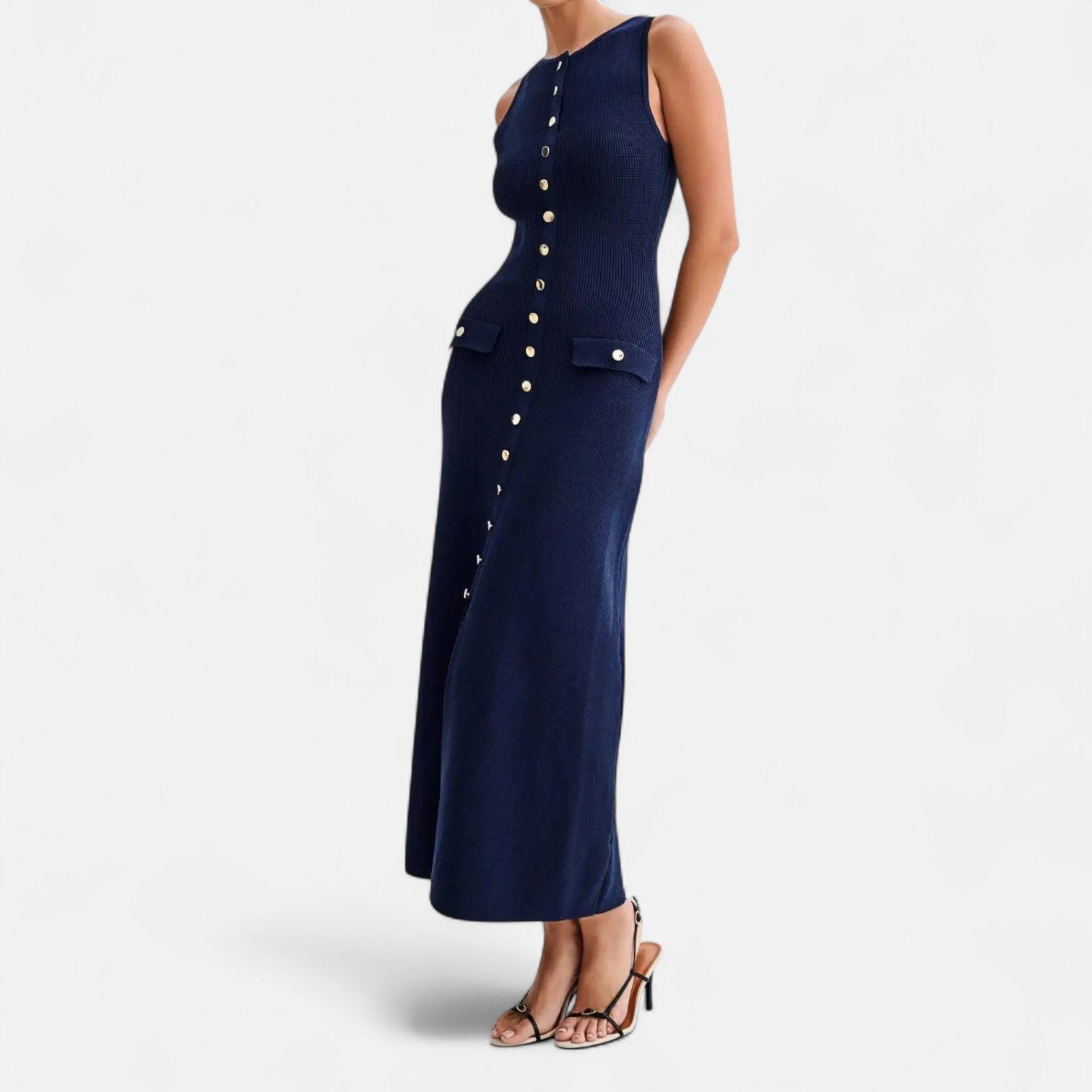 Ancient World | Long Knit Dress with Buttons for Women – Sleeveless Summer Elegance