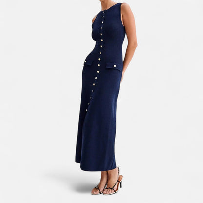 Ancient World | Long Knit Dress with Buttons for Women – Sleeveless Summer Elegance