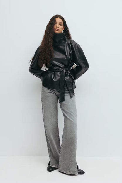 Leather jacket with short waist