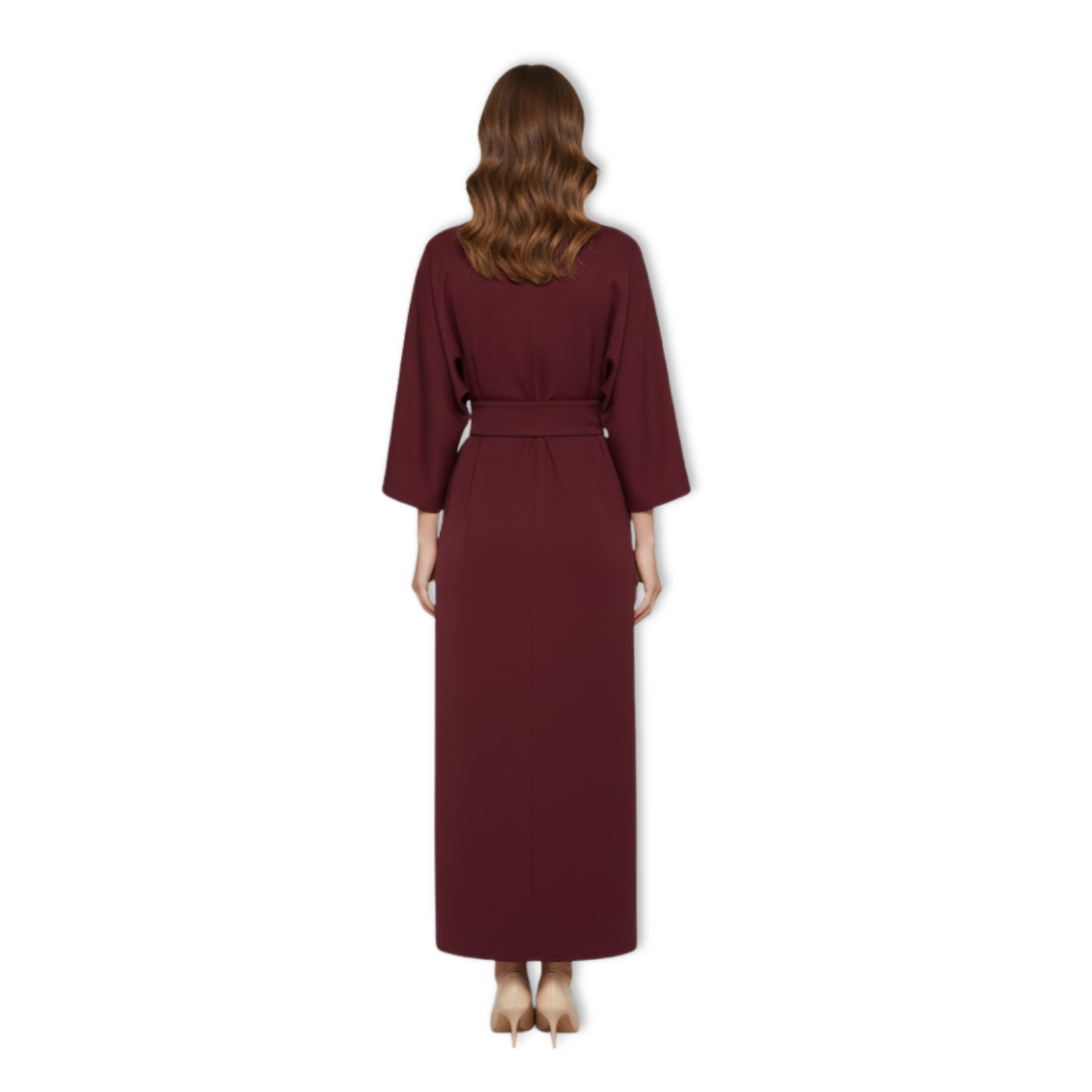 Long women's dress with batwing sleeves and a fitted waist, flowing silhouette