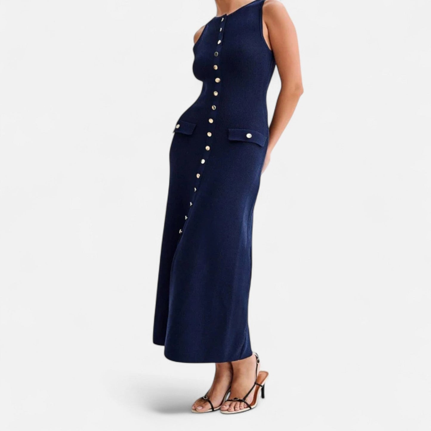 Ancient World | Long Knit Dress with Buttons for Women – Sleeveless Summer Elegance