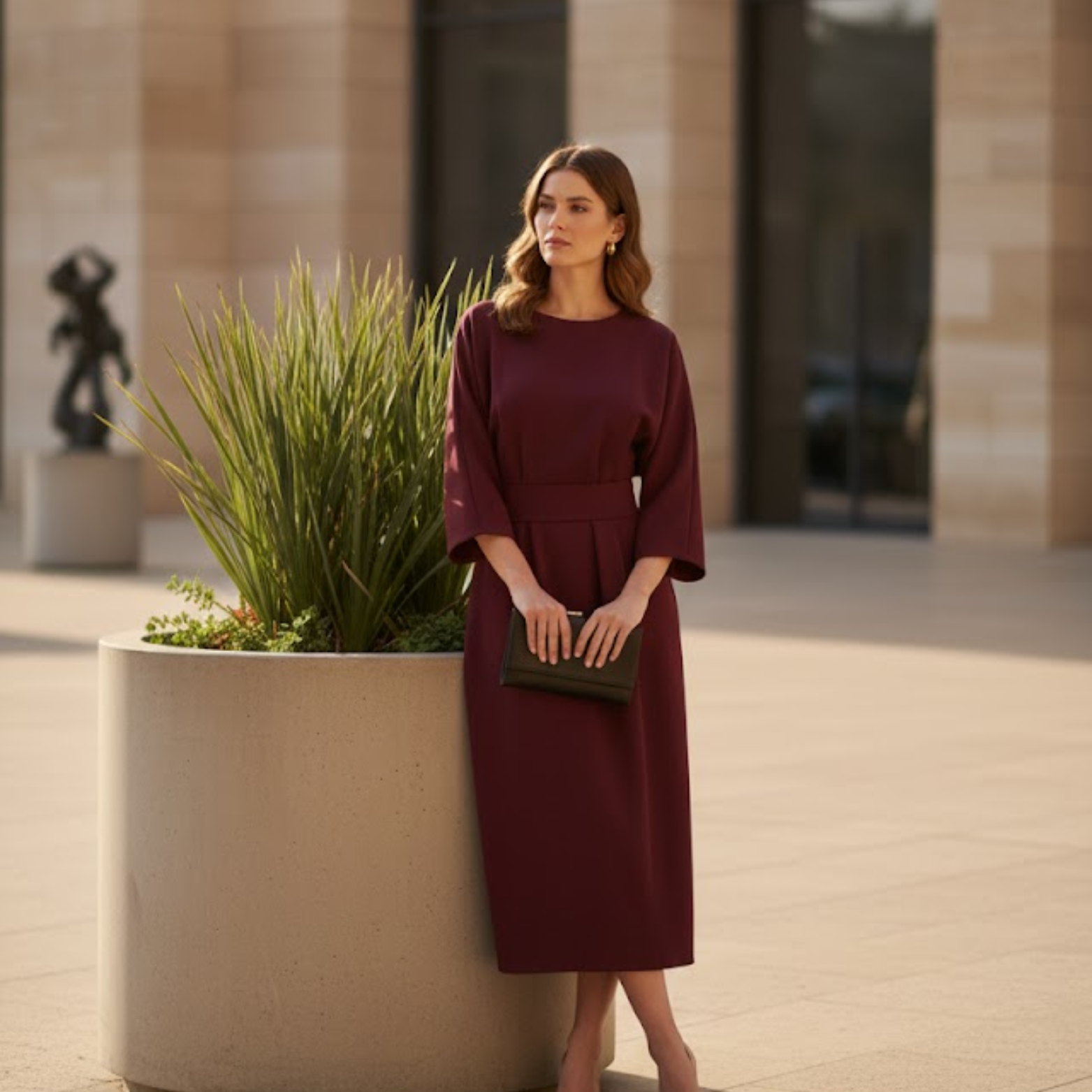 Long women's dress with batwing sleeves and a fitted waist, flowing silhouette