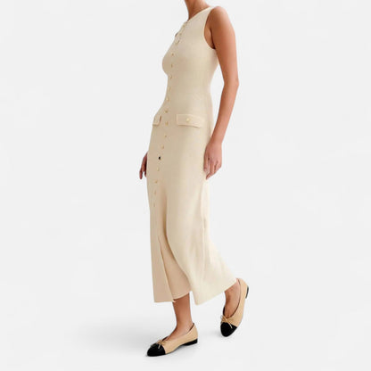 Ancient World | Long Knit Dress with Buttons for Women – Sleeveless Summer Elegance