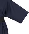 Long women's dress with batwing sleeves and a fitted waist, flowing silhouette