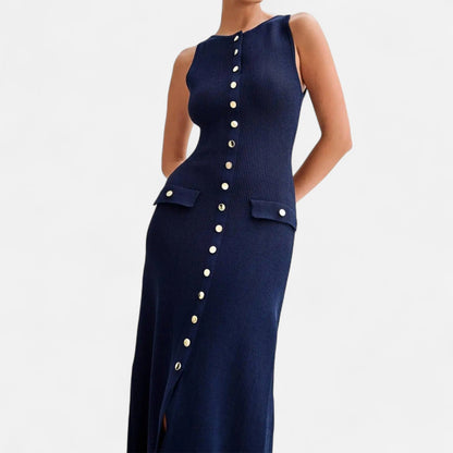 Ancient World | Long Knit Dress with Buttons for Women – Sleeveless Summer Elegance