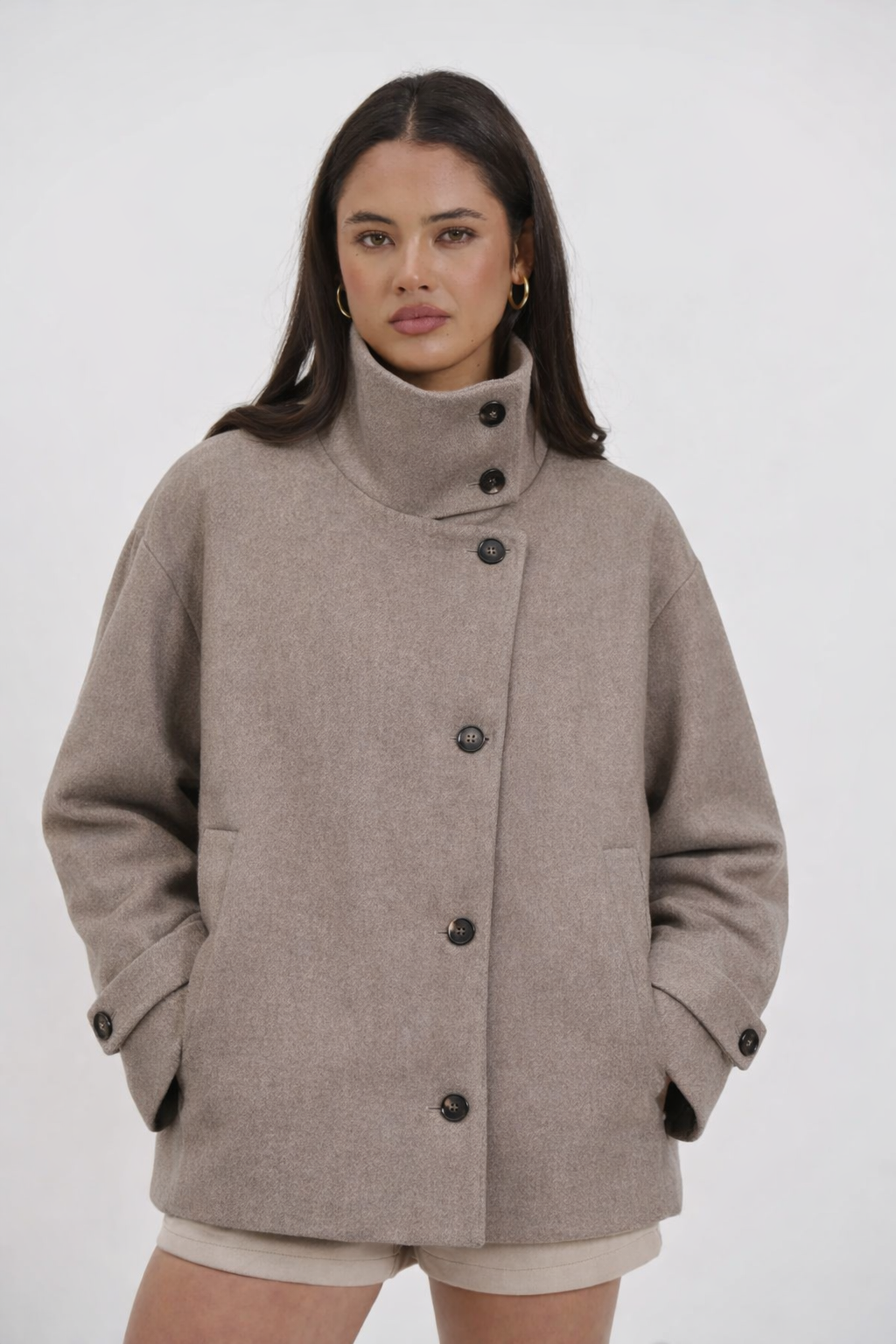 Textured Wool High-Collar Coat
