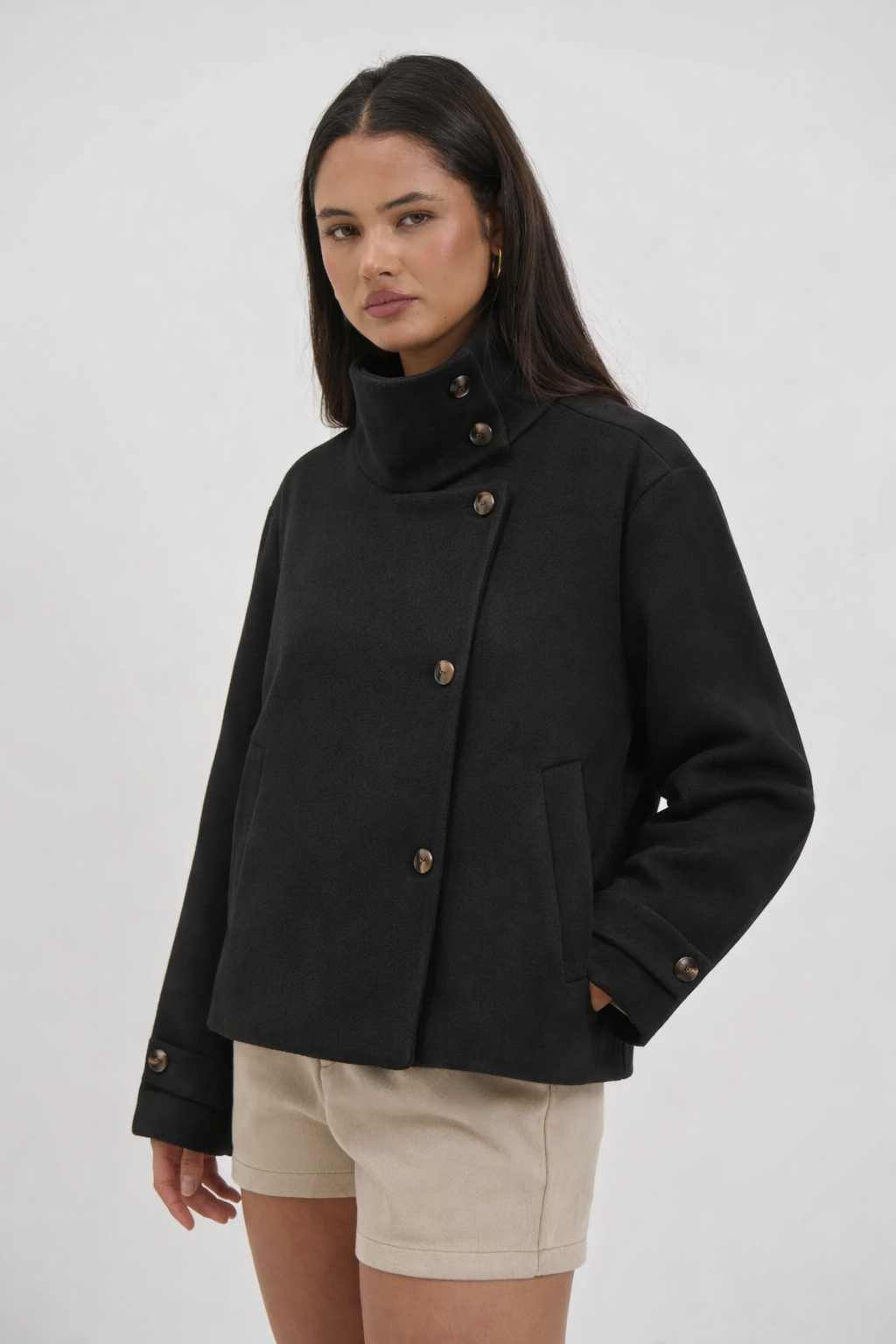 Textured Wool High-Collar Coat