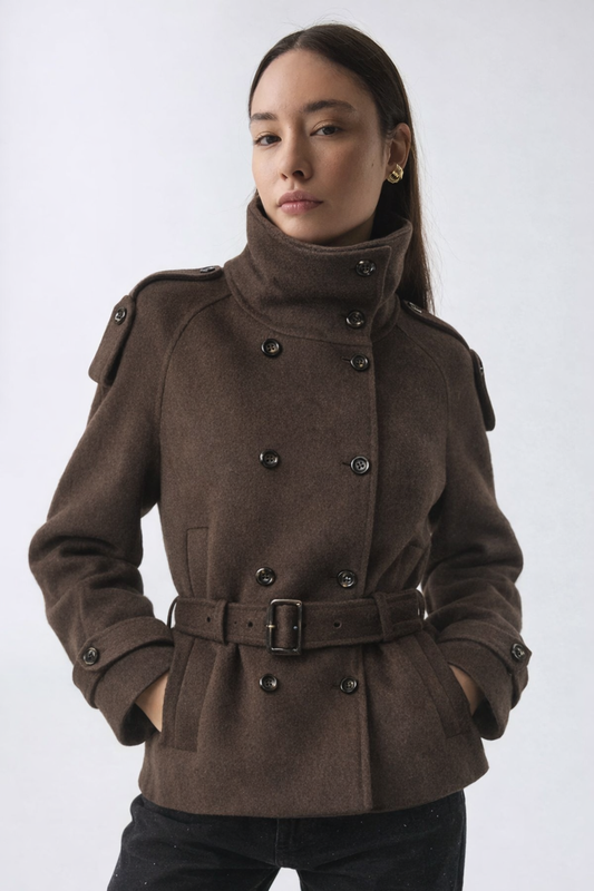High-Collar Wool Coat with Belt