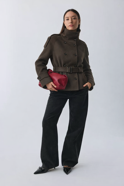 High-Collar Wool Coat with Belt