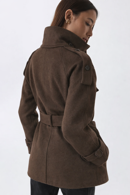 High-Collar Wool Coat with Belt