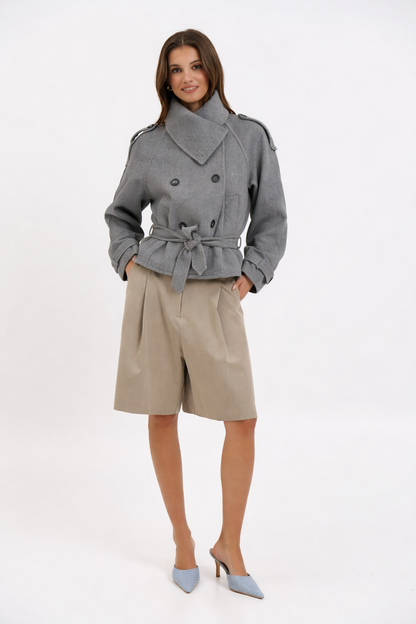 High-Collar Wool Coat with Belt