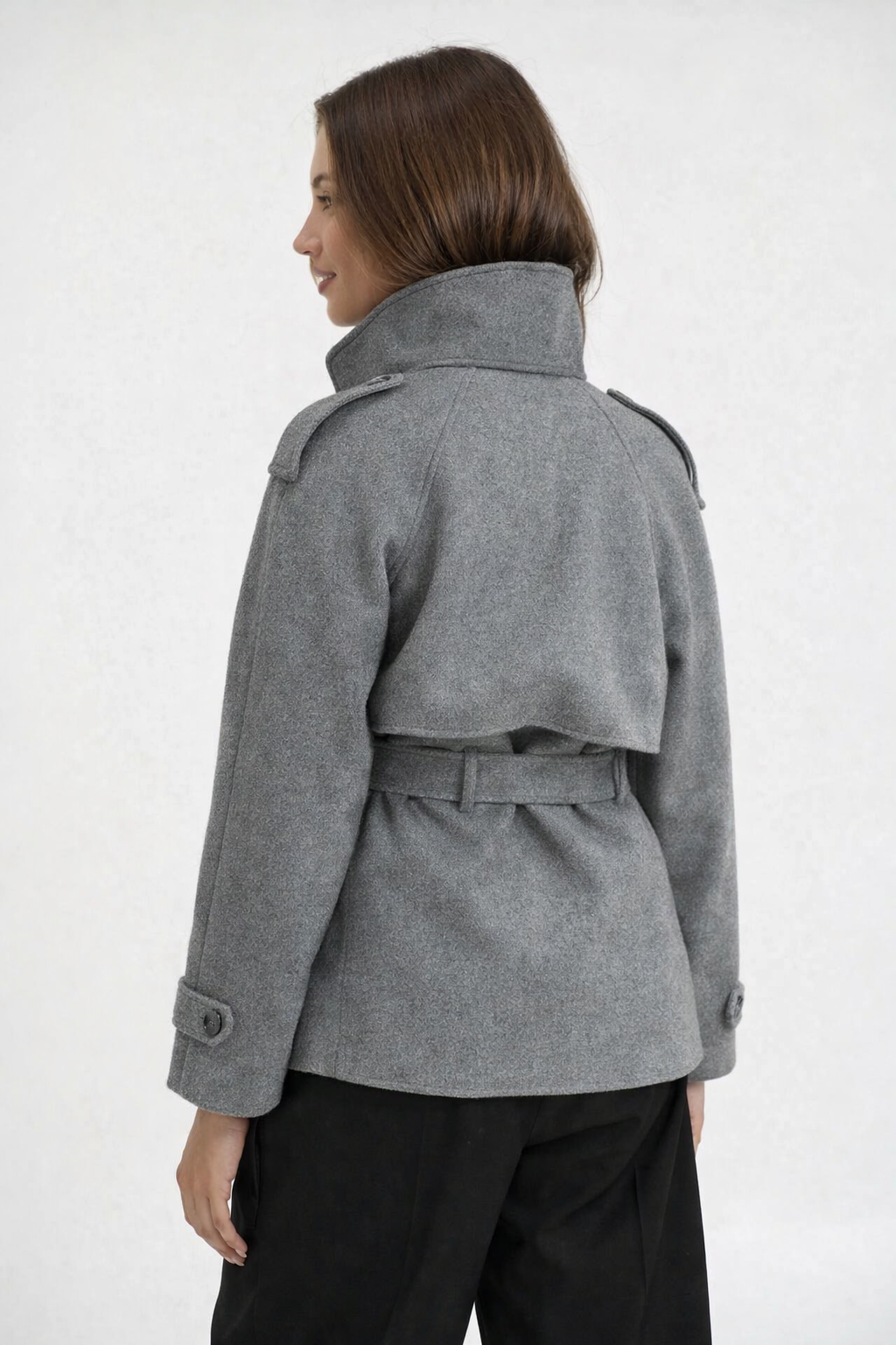 High-Collar Wool Coat with Belt