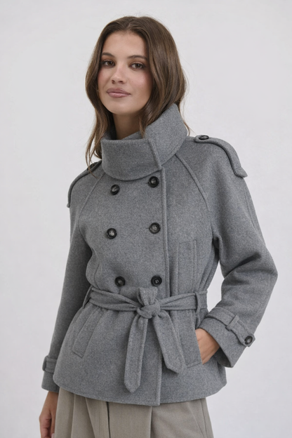 High-Collar Wool Coat with Belt