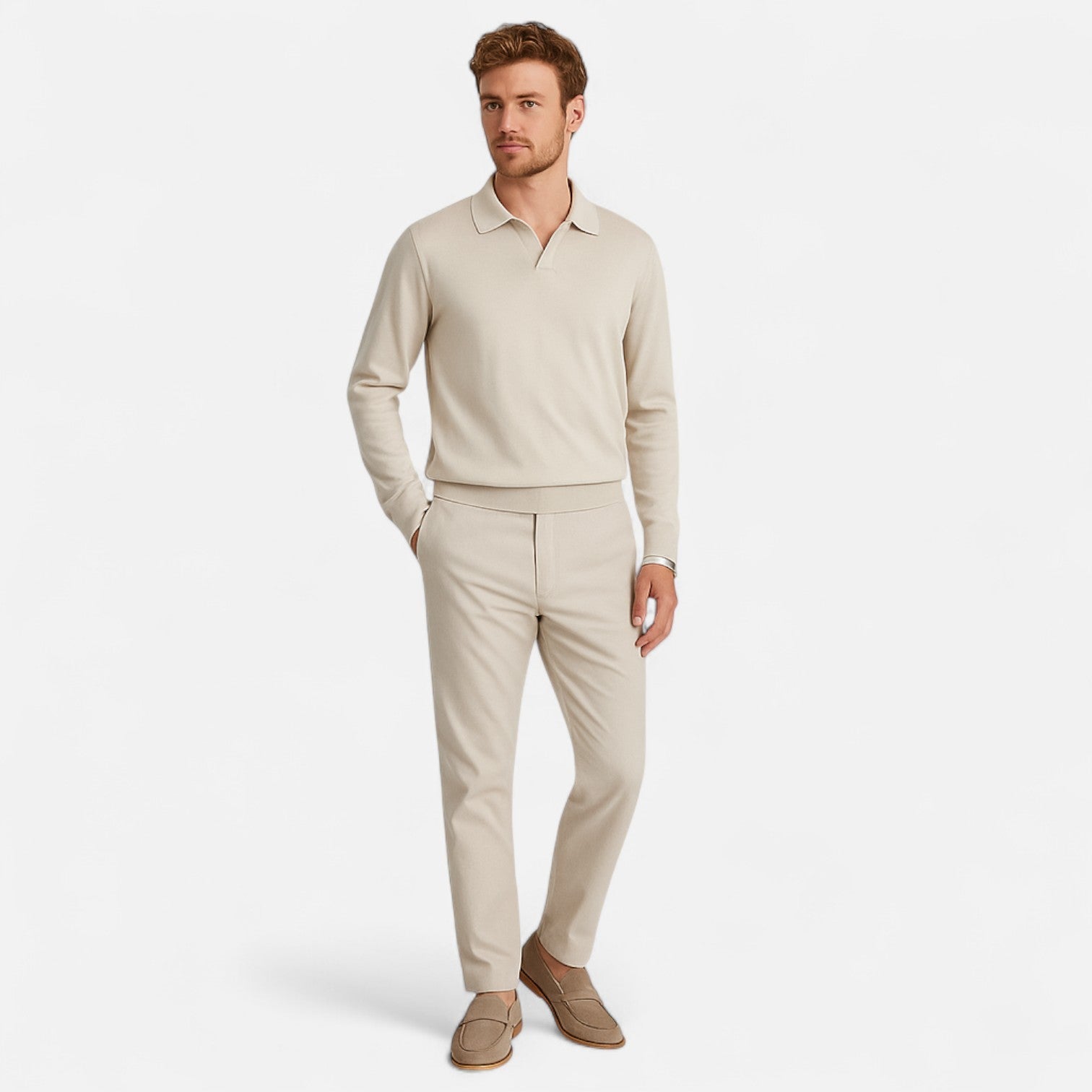 Maison Verdi | Men's Long Sleeve Polo – Classic Collar and Elegant Structured Knit