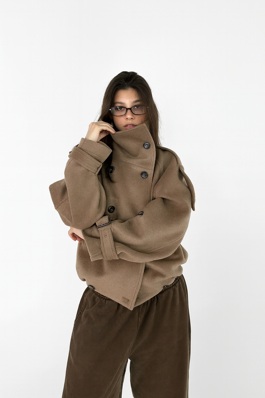 Textured High-Collar Trench Coat – Taupe