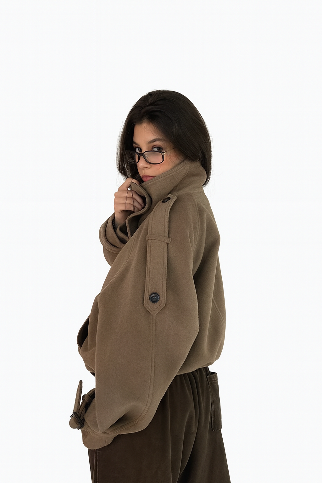 Textured High-Collar Trench Coat – Taupe