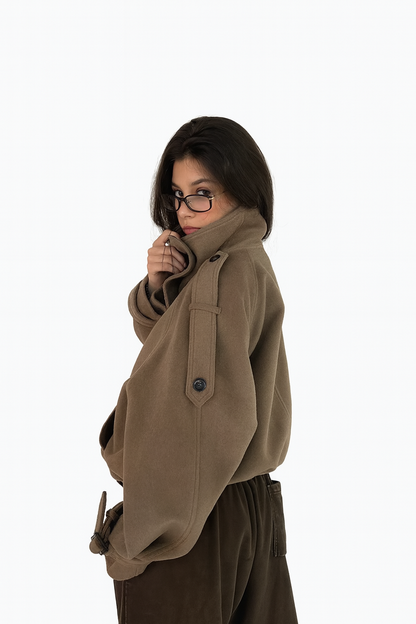 Textured High-Collar Trench Coat – Taupe