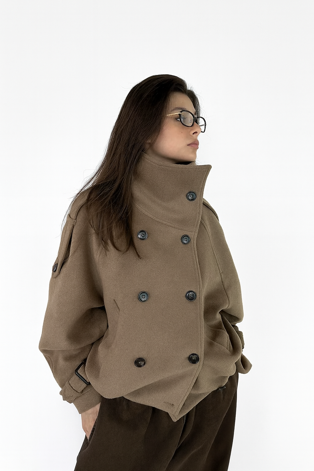 Textured High-Collar Trench Coat – Taupe