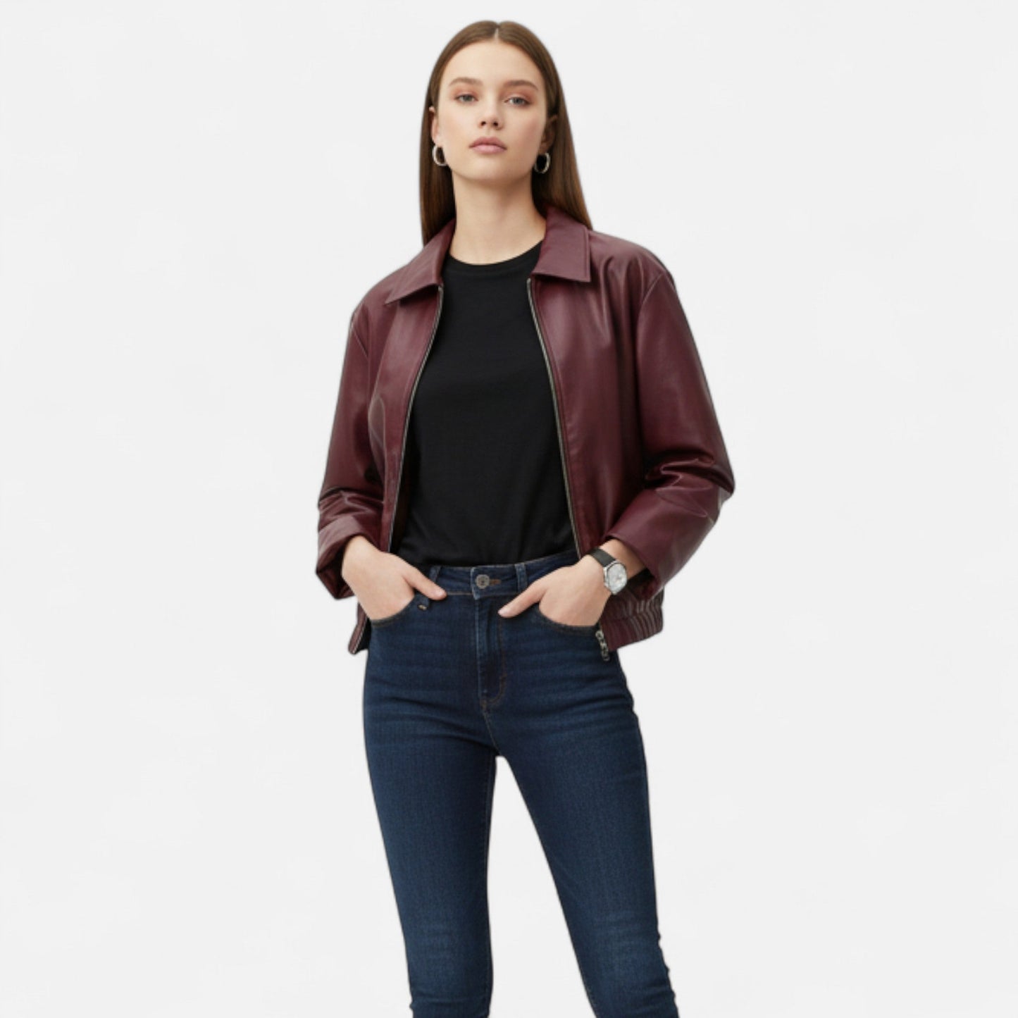 Vintage Bordeaux Leather Jacket for Women