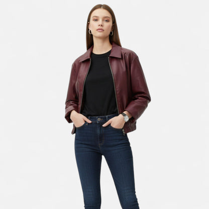 Vintage Bordeaux Leather Jacket for Women