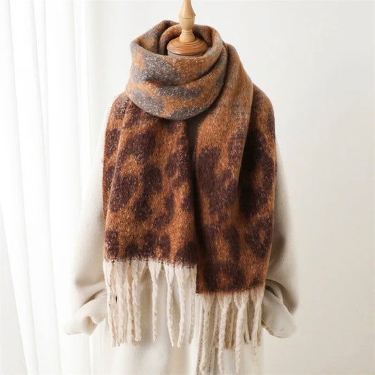 Leopard Pattern Long Scarf with Fringed Ends