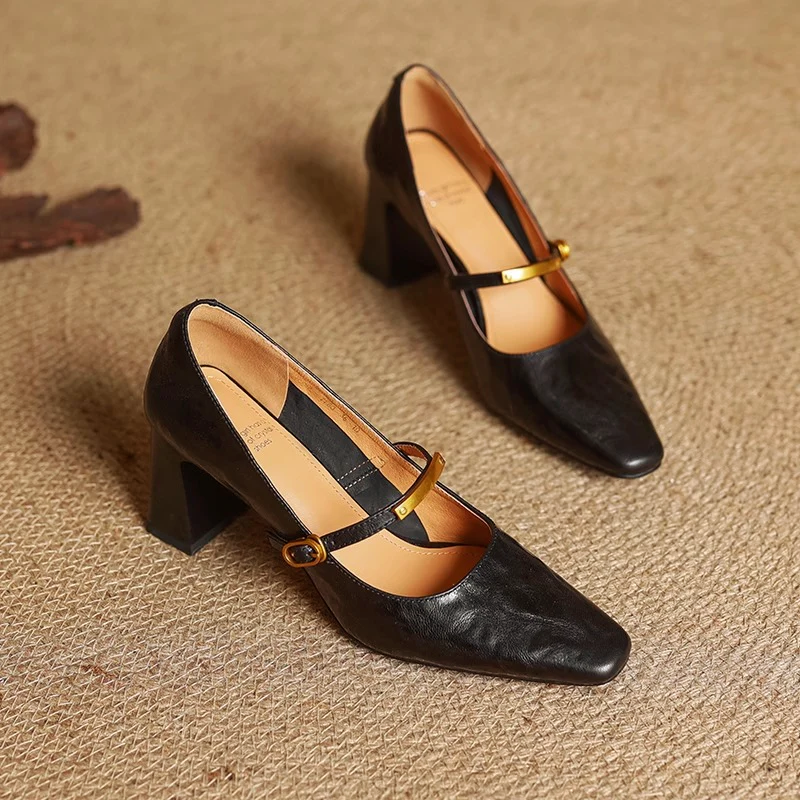 Women's Genuine Leather Pointed Shoes with Block Heel and Strap