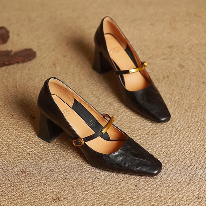 Women's Genuine Leather Pointed Shoes with Block Heel and Strap