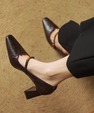 Women's Genuine Leather Pointed Shoes with Block Heel and Strap