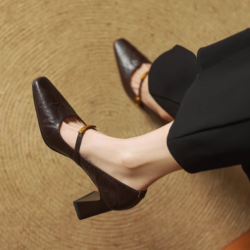 Women's Genuine Leather Pointed Shoes with Block Heel and Strap