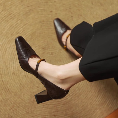 Women's Genuine Leather Pointed Shoes with Block Heel and Strap