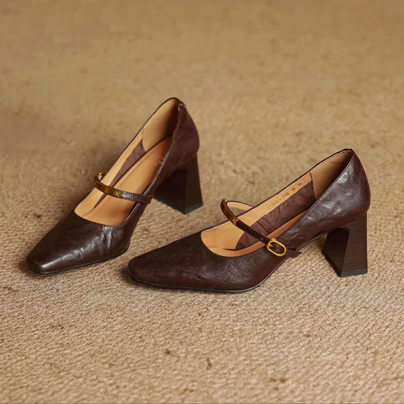 Women's Genuine Leather Pointed Shoes with Block Heel and Strap