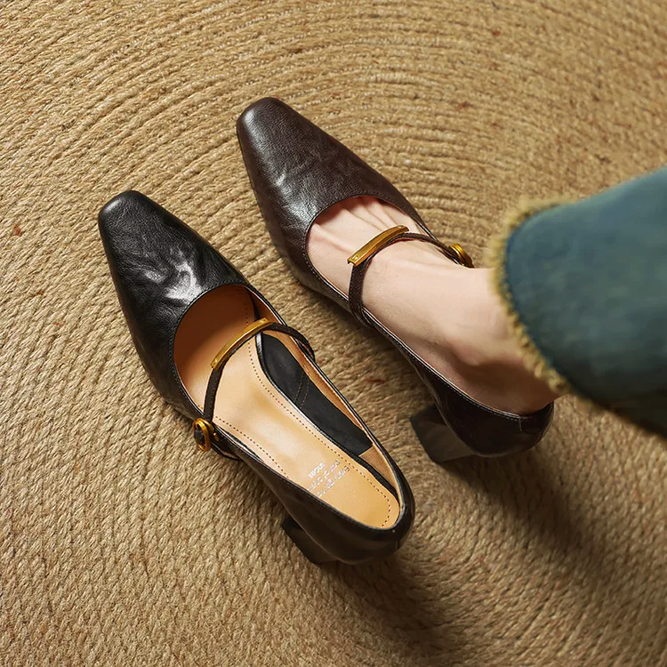 Women's Genuine Leather Pointed Shoes with Block Heel and Strap