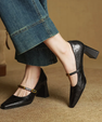 Women's Genuine Leather Pointed Shoes with Block Heel and Strap