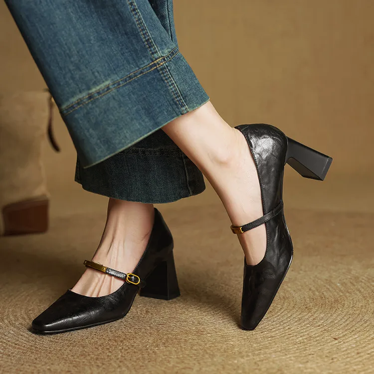 Women's Genuine Leather Pointed Shoes with Block Heel and Strap