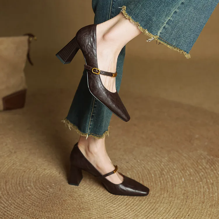 Women's Genuine Leather Pointed Shoes with Block Heel and Strap
