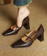 Women's Genuine Leather Pointed Shoes with Block Heel and Strap