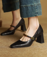 Women's Genuine Leather Pointed Shoes with Block Heel and Strap