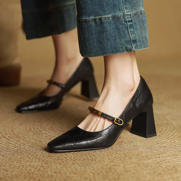 Women's Genuine Leather Pointed Shoes with Block Heel and Strap