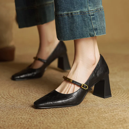 Women's Genuine Leather Pointed Shoes with Block Heel and Strap